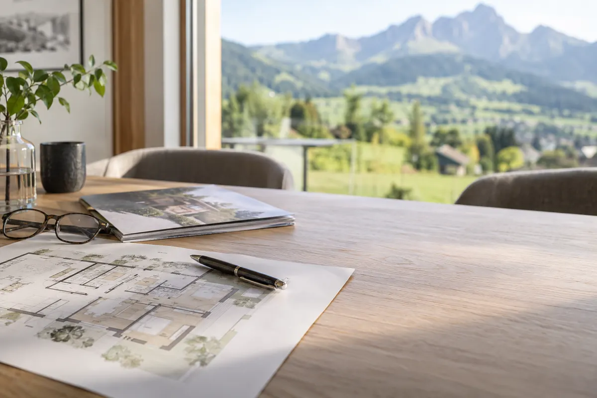 Grundriss und Unterlagen auf einem Holztisch